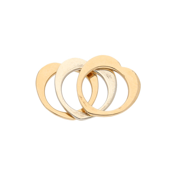 Tres anillos lisos motivo corazón en oro dos tonos 14 kilates.