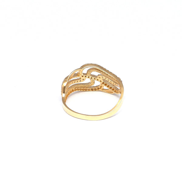 Anillo estilizado con circonias en oro amarillo 14 kilates.